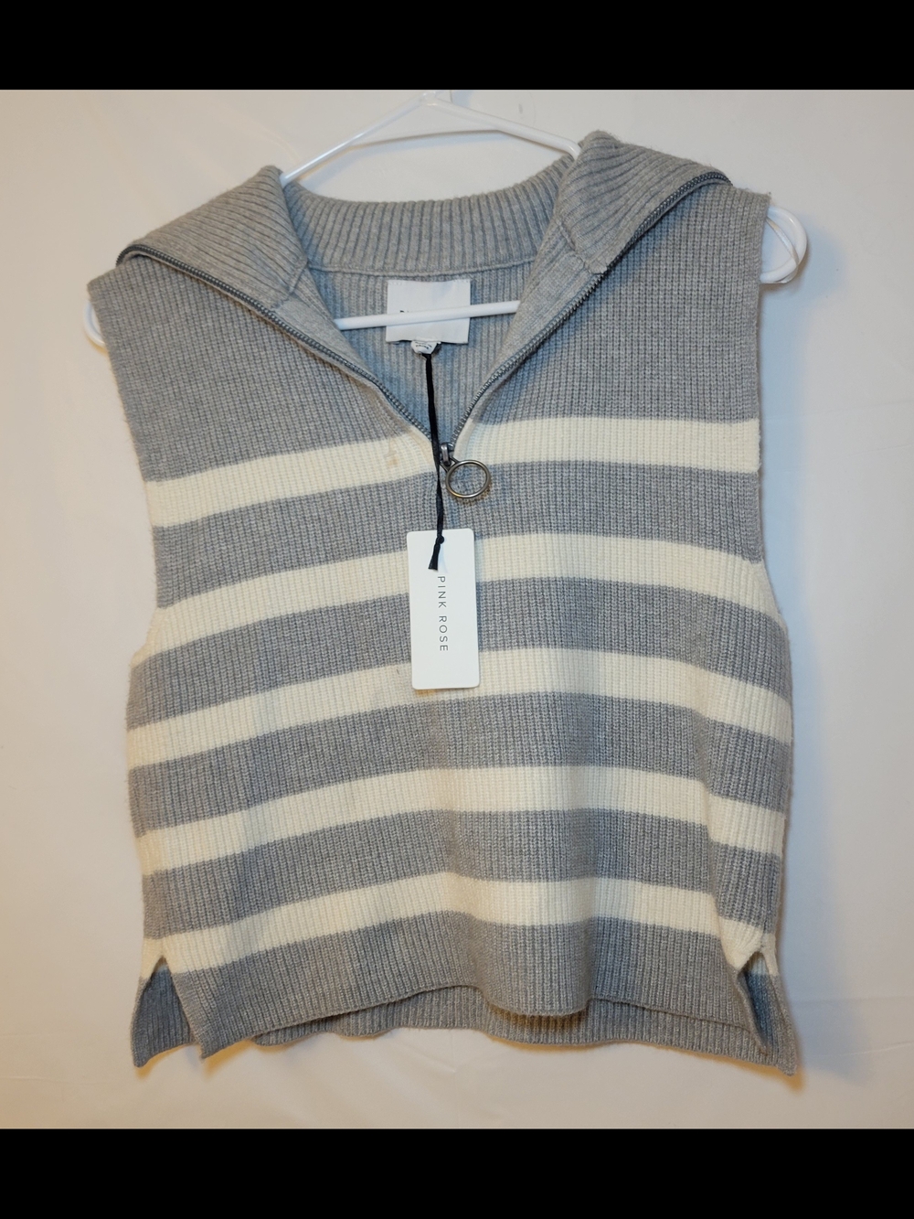 Pink Rose Gray & Cream Striped Sleeveless Quarter-Zip Sweater Vest - Picture 3 of 4